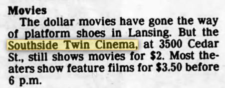 Southside Twin Cinema - 1990 Ad 2 Dollar Deal